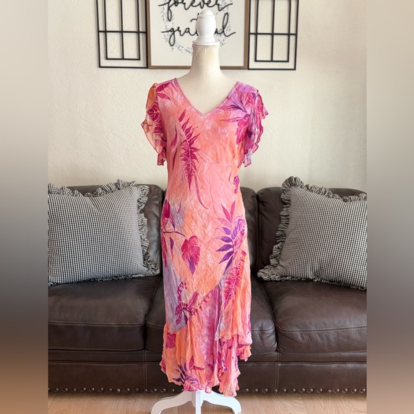 Vintage PHOOL Bright & Colorful Floral Dress Ruffle Asymmetrical Hem Rare 90s - Picture 3 of 15